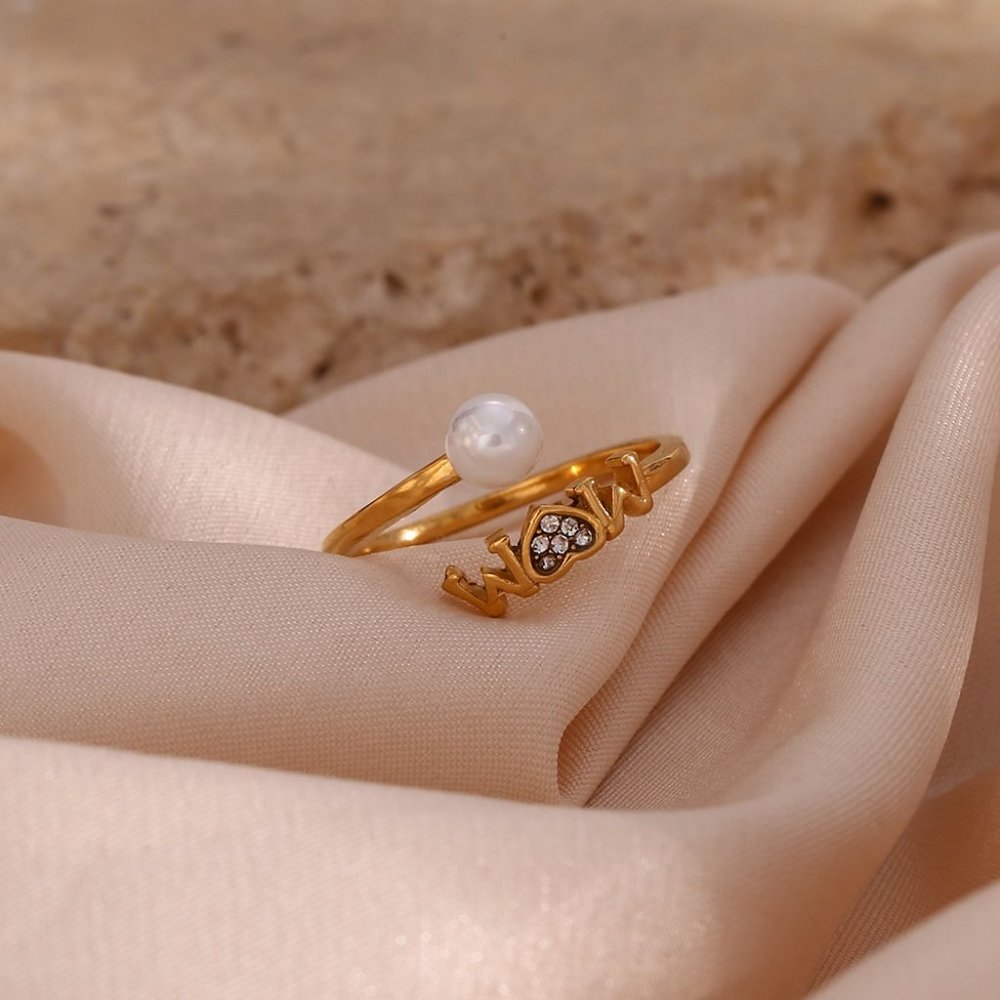 Mom Adjustable Pearl Zircon Heart Stackable Ring 18K Gold Plated Stainless Steel - Picture 7 of 11